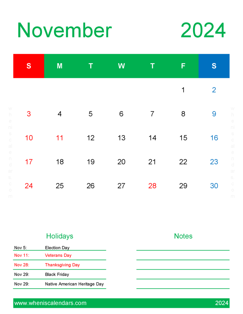 Download November 2024 Template Calendar Letter Vertical 114191