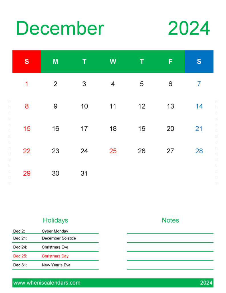 Download December 2024 Template Calendar Letter Vertical 124191