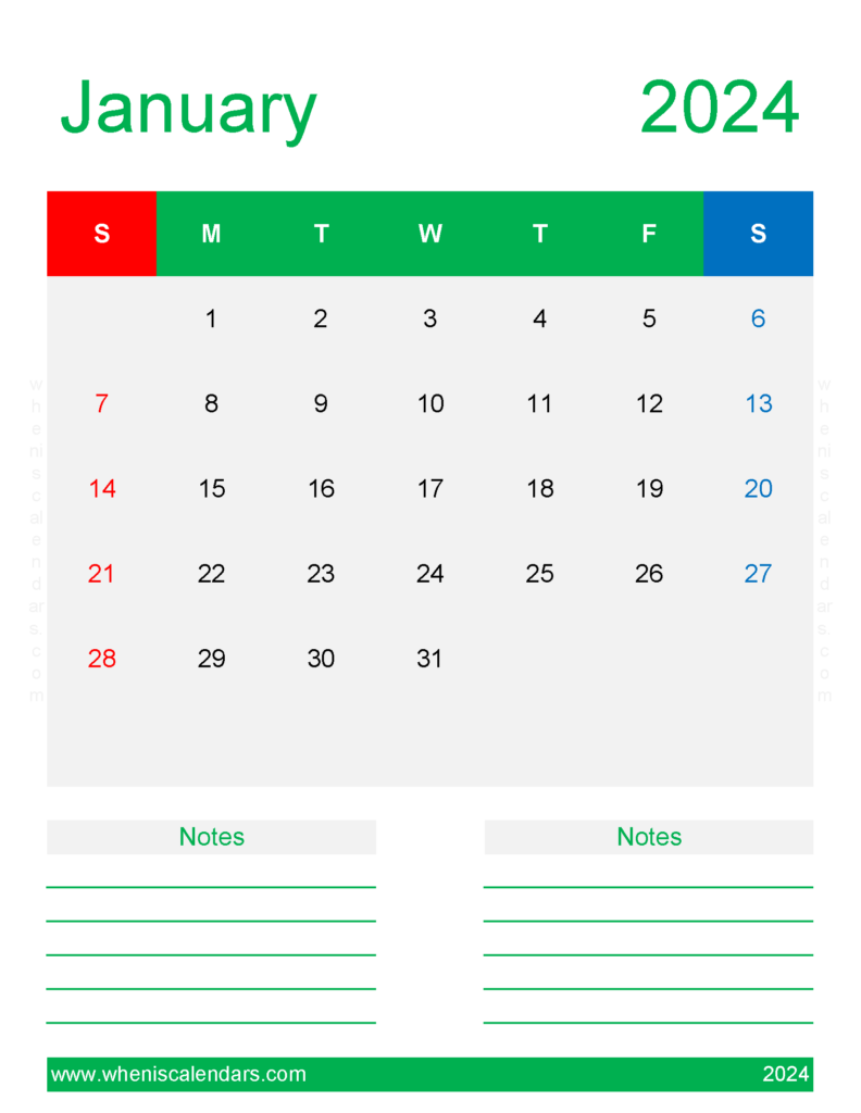 Download January 2024 Blank Calendar page Letter Vertical J4272