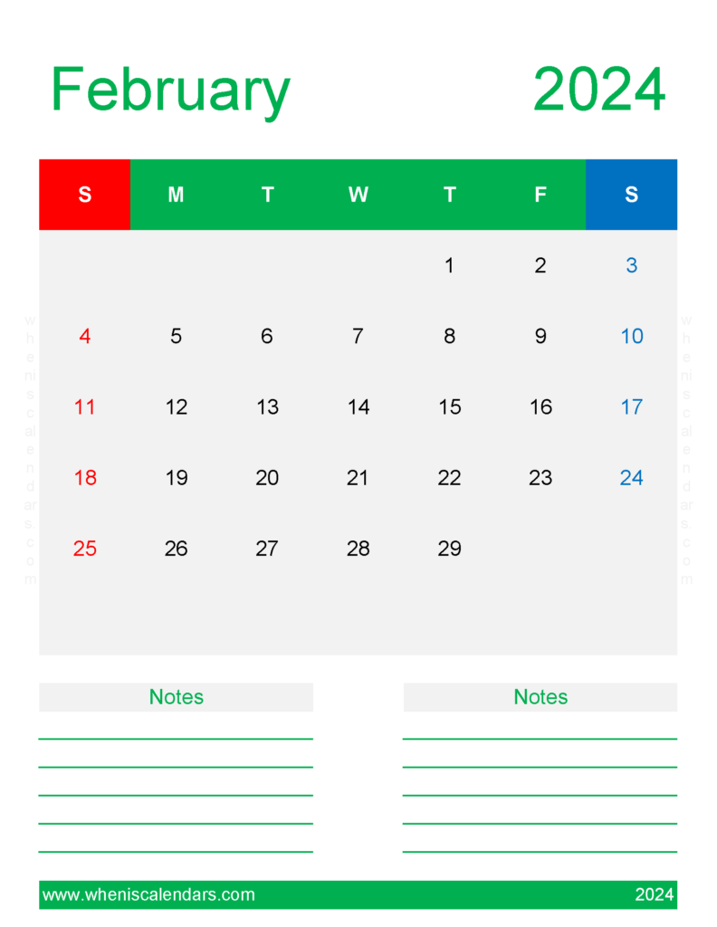 Download February 2024 Blank Calendar page Letter Vertical 24272