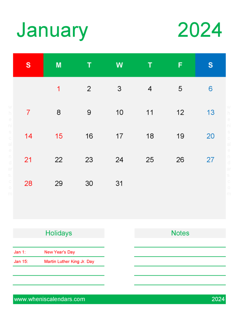 Download print Calendar Jan 2024 Letter Vertical J4192