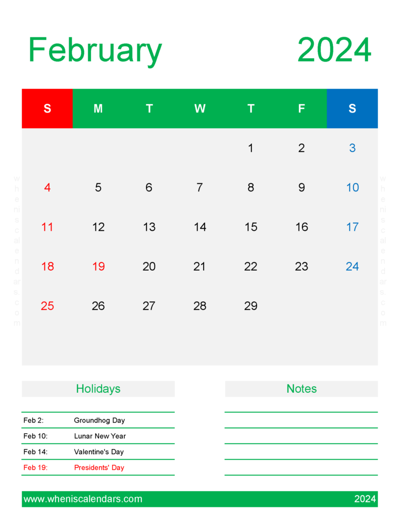 Download print Calendar Feb 2024 Letter Vertical 24192