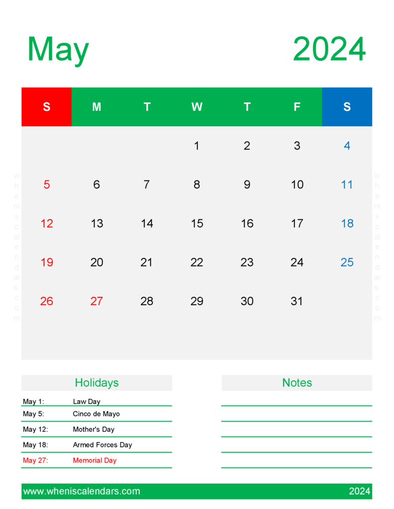 Download print Calendar May 2024 Letter Vertical 54192
