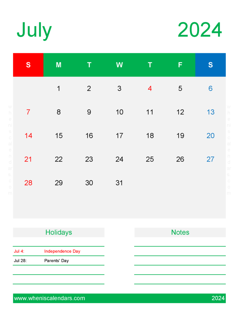 Download print Calendar Jul 2024 Letter Vertical 74192