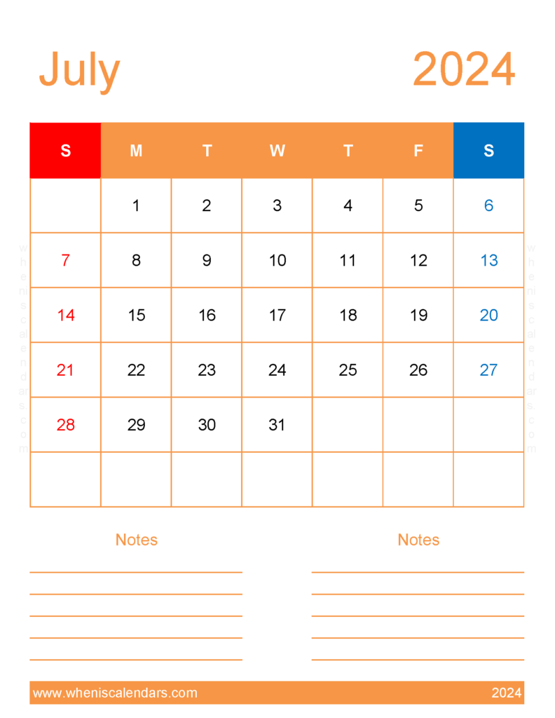 Download Free Printable Calendar July 2024 Letter Vertical 74273