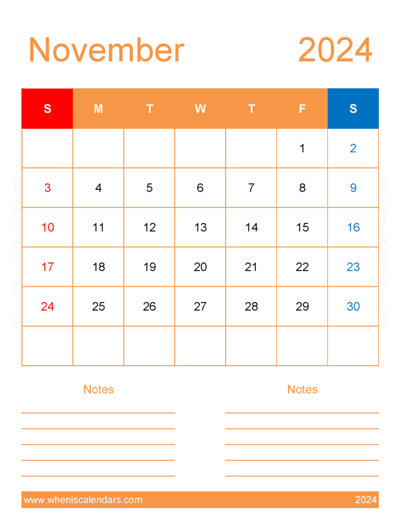 Download Free Printable Calendar November 2024 Letter Vertical 114273