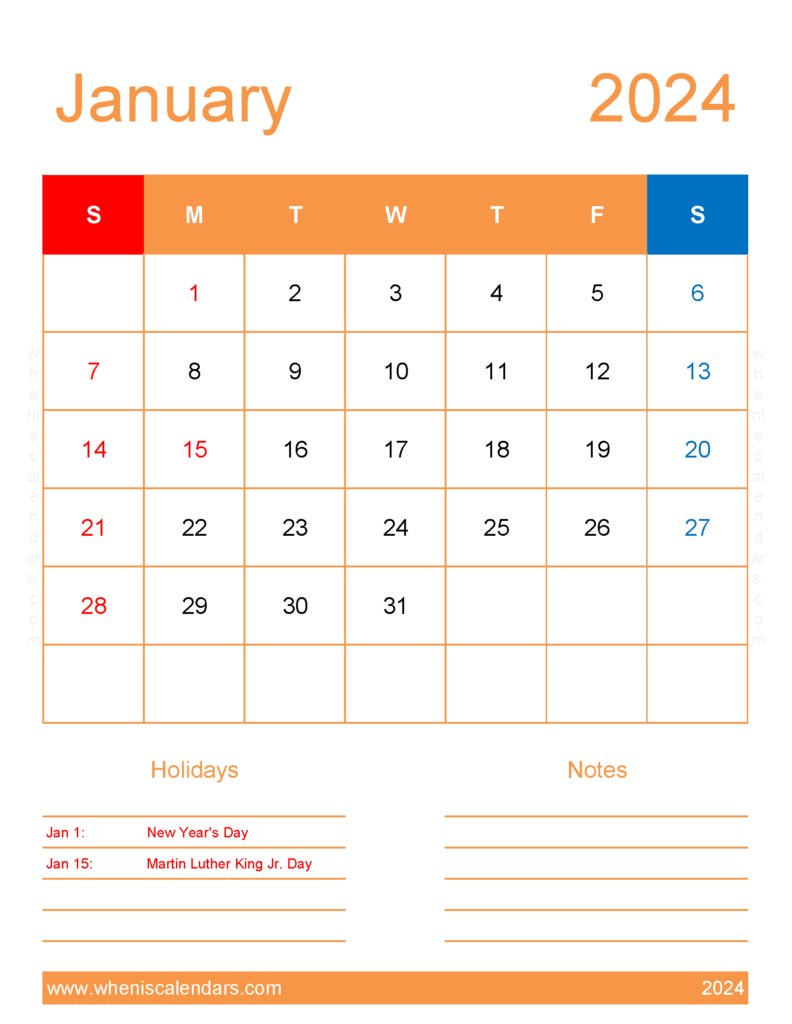 Download January cute Calendar 2024 Letter Vertical J4193