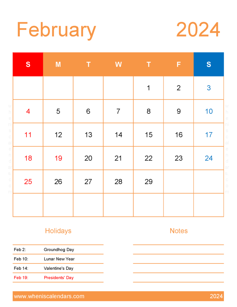 Download February cute Calendar 2024 Letter Vertical 24193