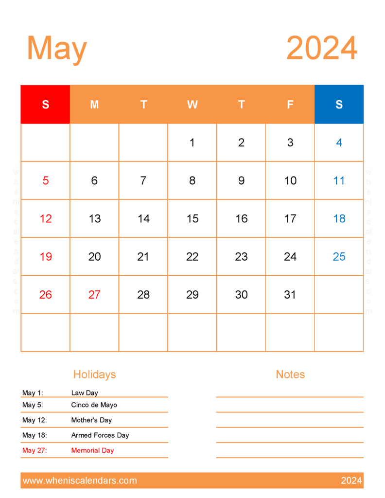 Download May cute Calendar 2024 Letter Vertical 54193