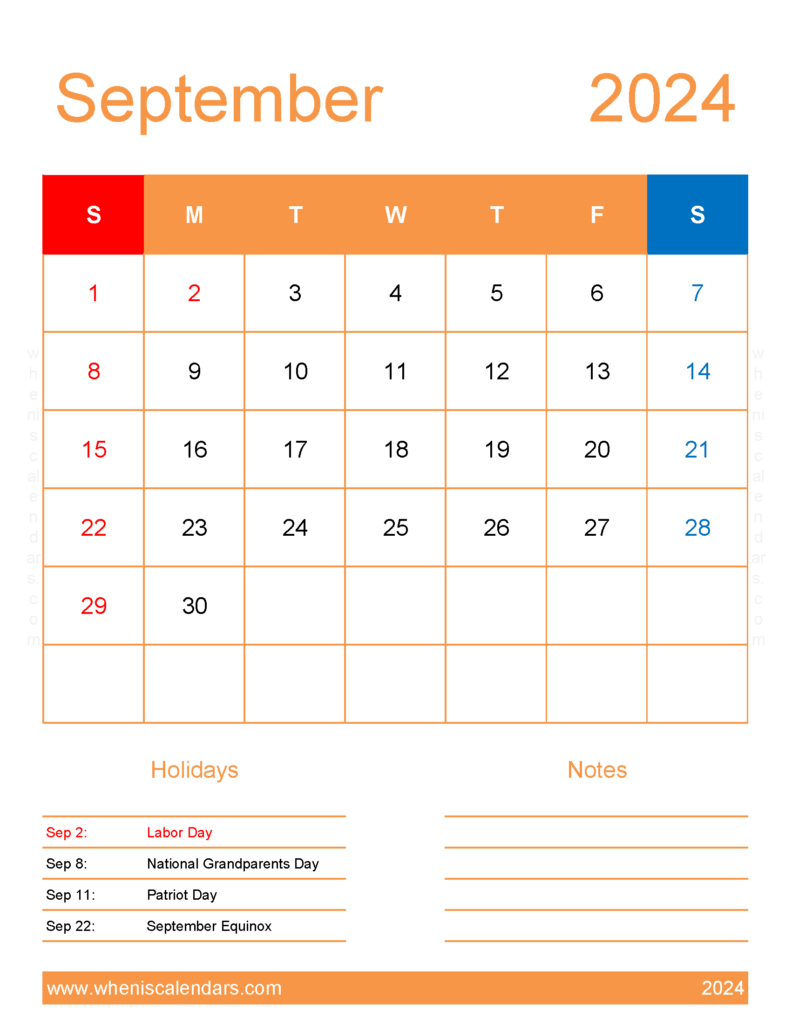 Download September cute Calendar 2024 Letter Vertical 94193