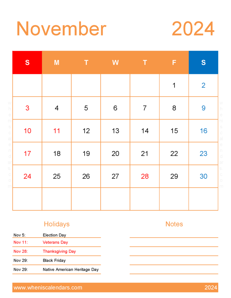 Download November cute Calendar 2024 Letter Vertical 114193