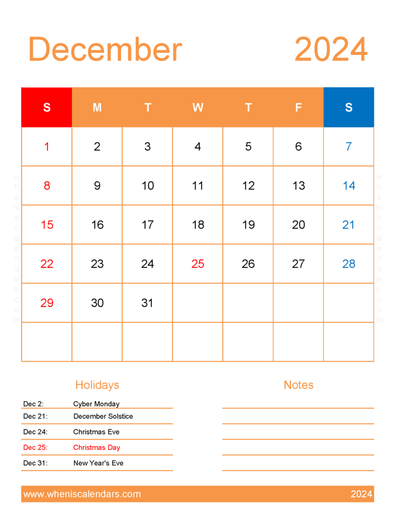 Download December cute Calendar 2024 Letter Vertical 124193