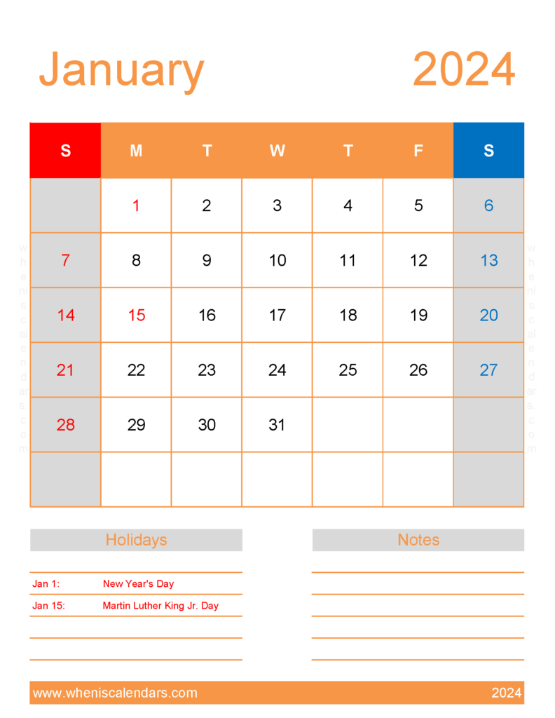 Download January 2024 Free Calendar Printable Letter Vertical J4194