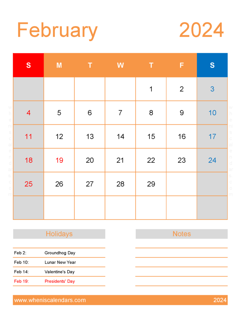 Download February 2024 Free Calendar Printable Letter Vertical 24194
