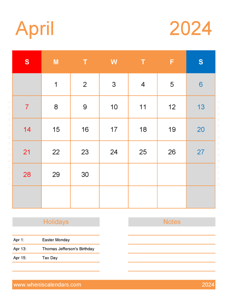 Download April 2024 Free Calendar Printable Letter Vertical 44194