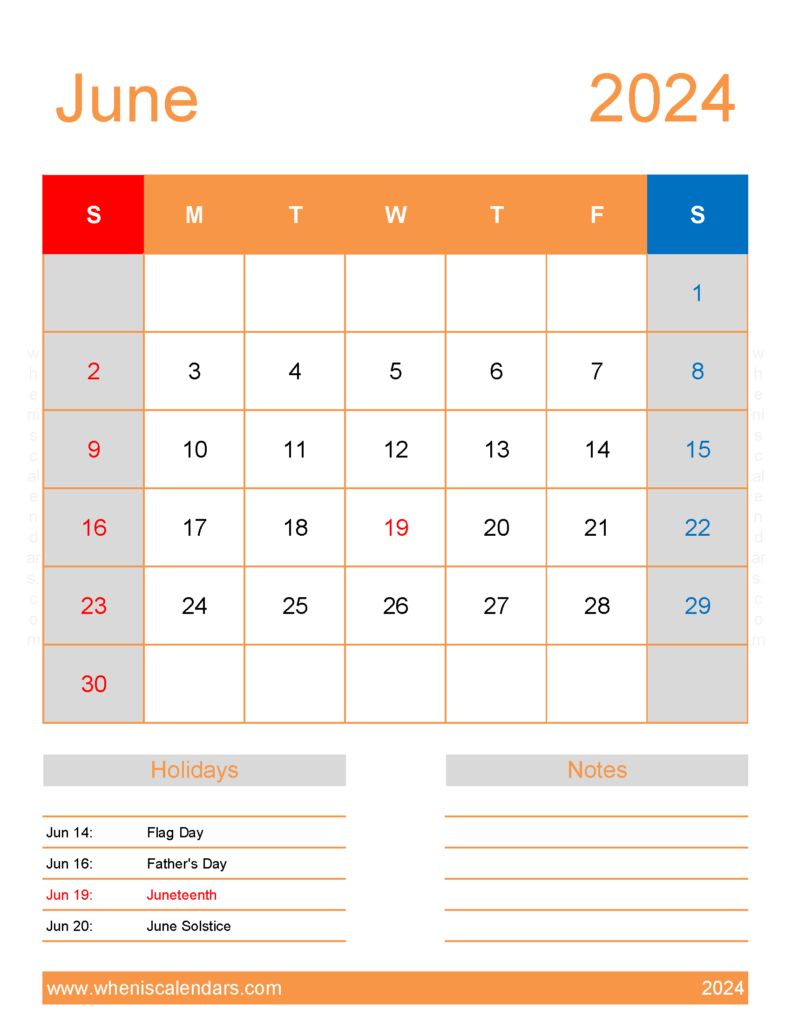 Download June 2024 Free Calendar Printable Letter Vertical 64194