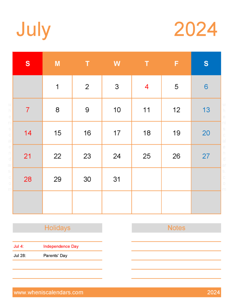 Download July 2024 Free Calendar Printable Letter Vertical 74194