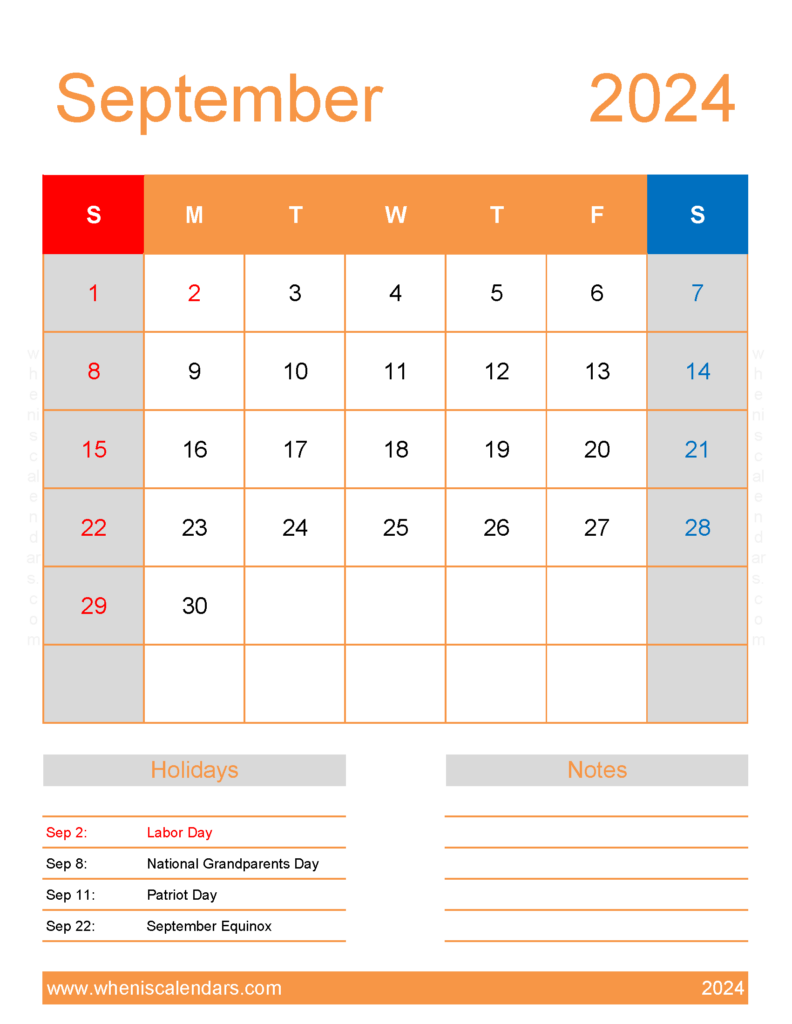 Download September 2024 Free Calendar Printable Letter Vertical 94194