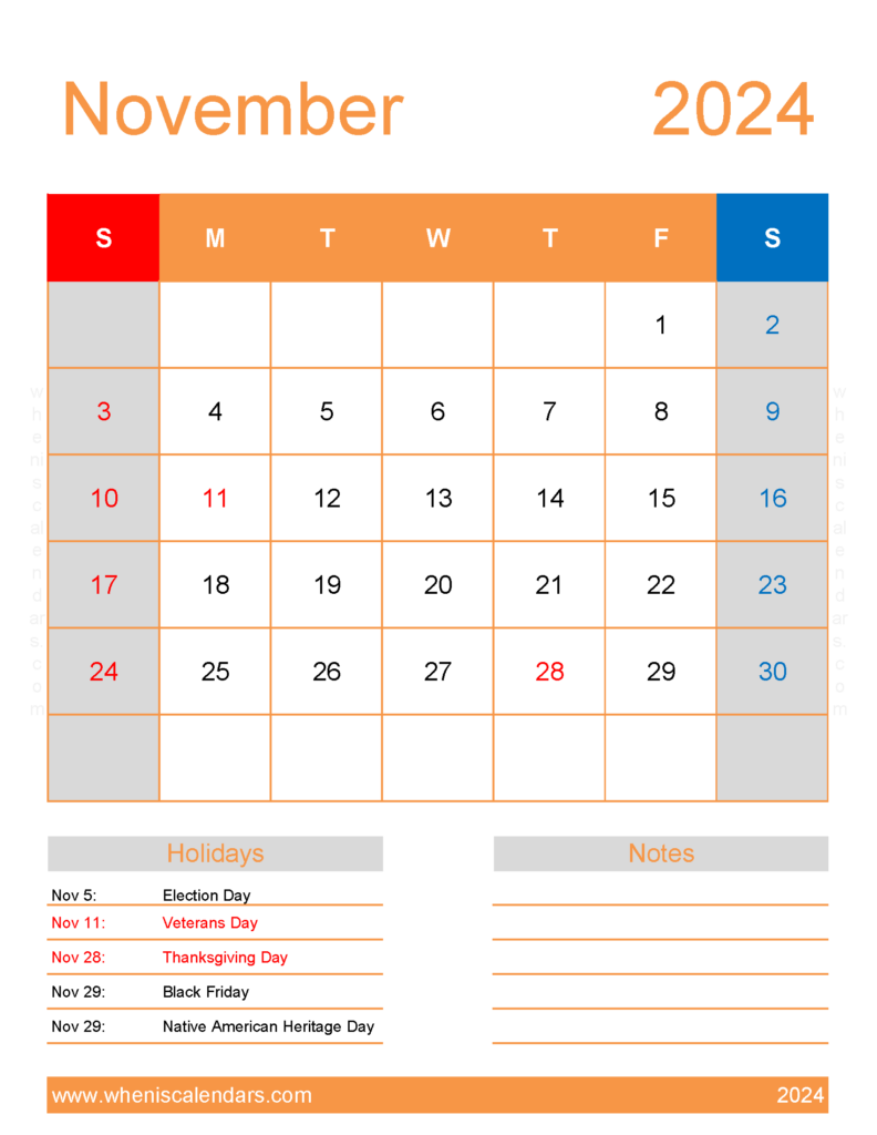 Download November 2024 Free Calendar Printable Letter Vertical 114194
