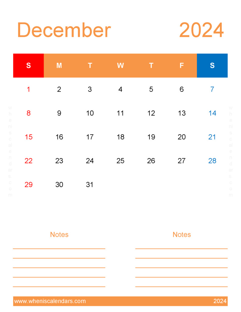 Download print Blank December 2024 Calendar Letter Vertical 124275