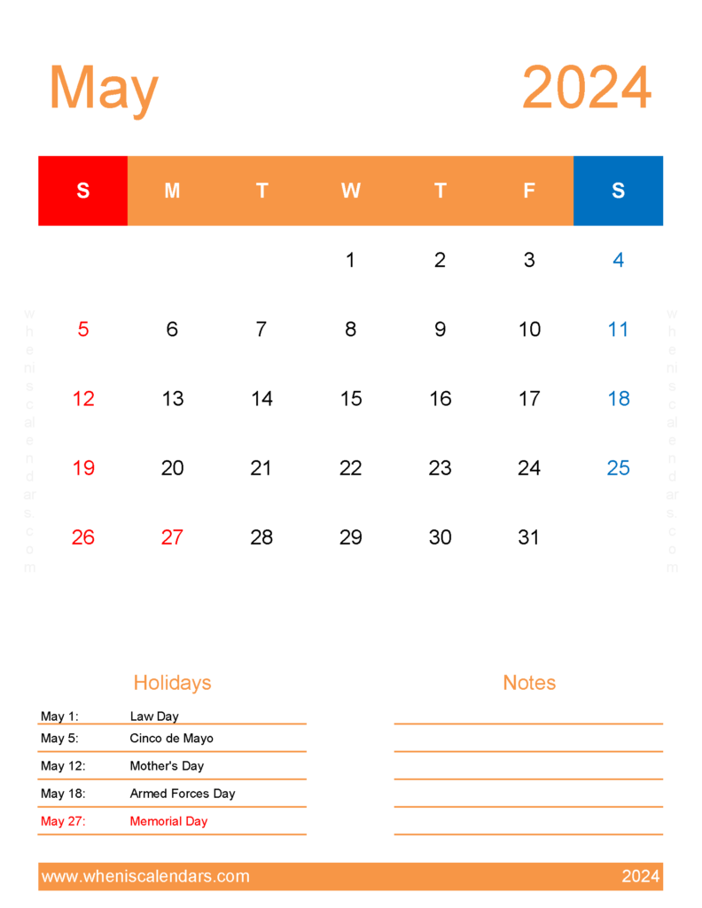 Download May fillable Calendar 2024 Letter Vertical 54195