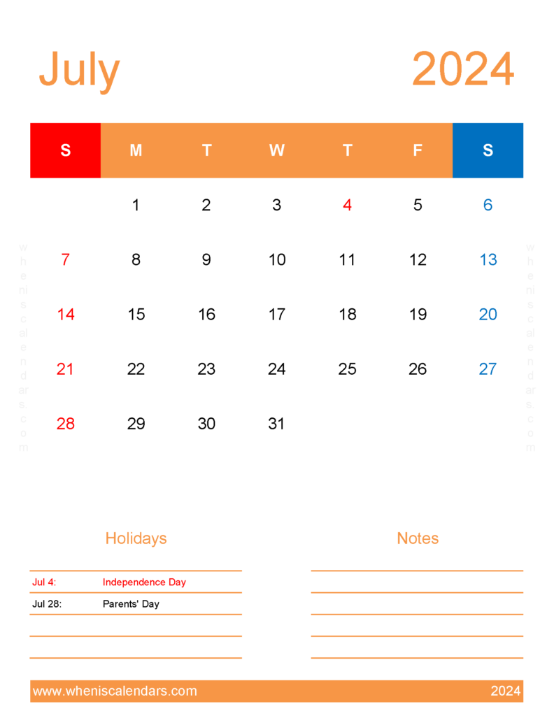 Download July fillable Calendar 2024 Letter Vertical 74195