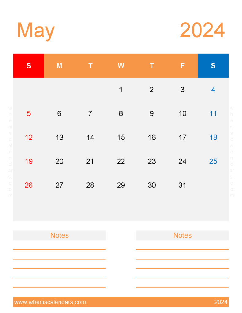 Download Template Calendar May 2024 Letter Vertical 54276