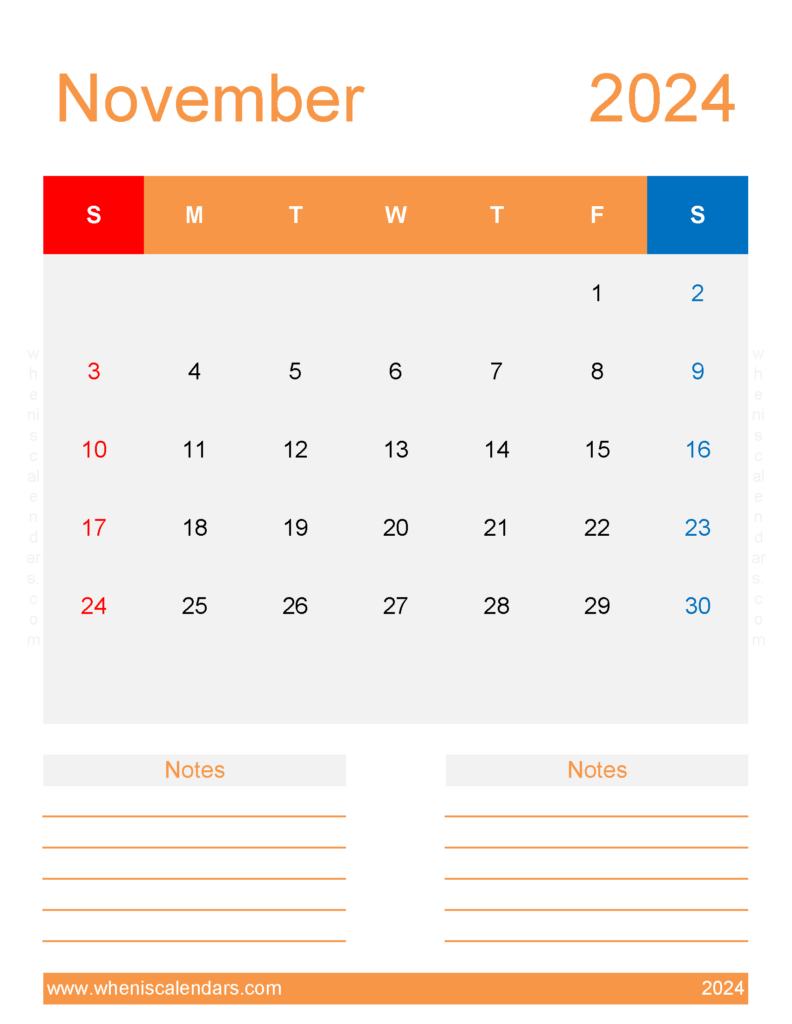 Download Template Calendar November 2024 Letter Vertical 114276