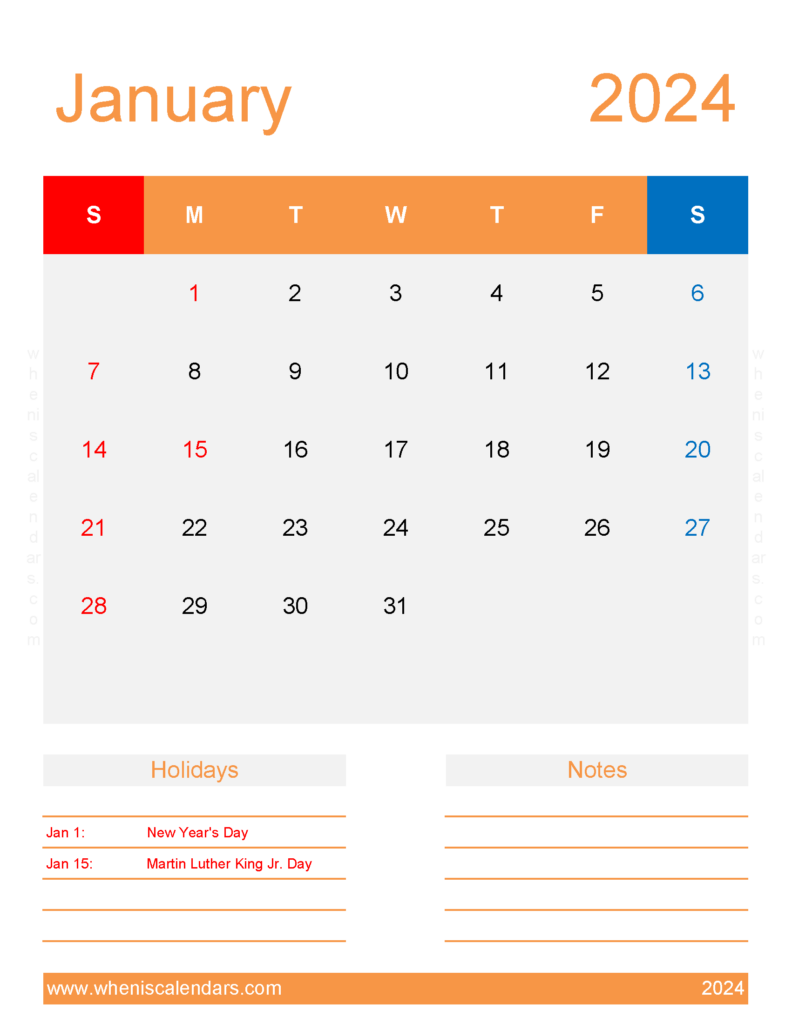 Download January 2024 weekly Calendar Printable Letter Vertical J4196