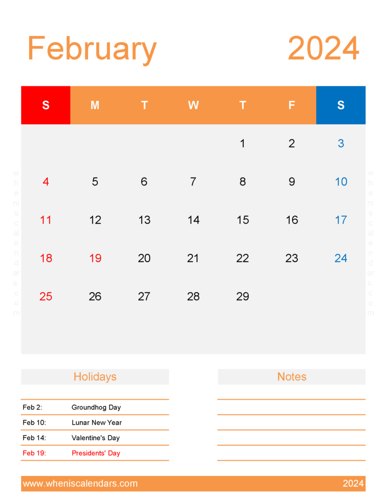 Download February 2024 weekly Calendar Printable Letter Vertical 24196