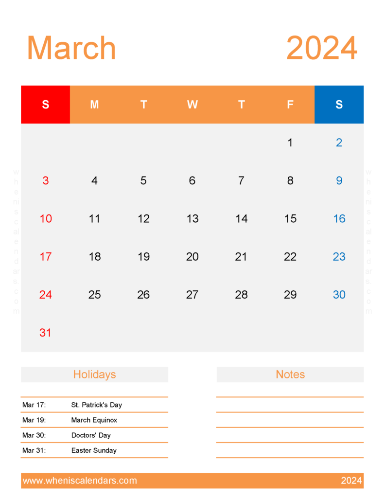 Download March 2024 weekly Calendar Printable Letter Vertical 34196