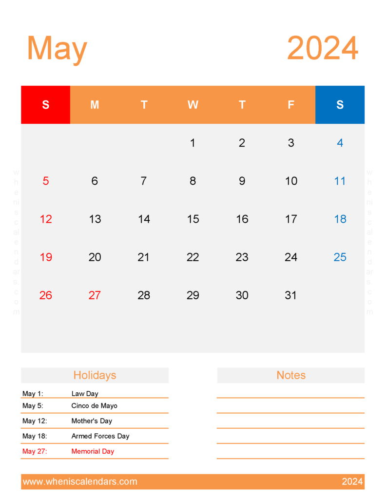 Download May 2024 weekly Calendar Printable Letter Vertical 54196