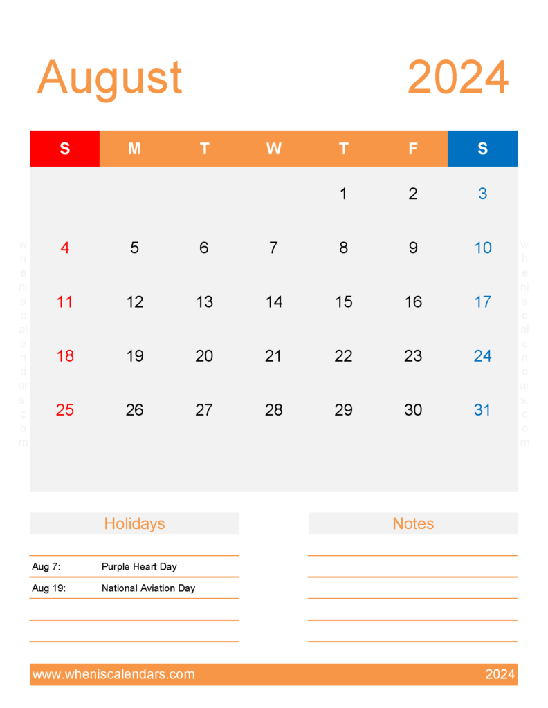 Download August 2024 weekly Calendar Printable Letter Vertical 84196