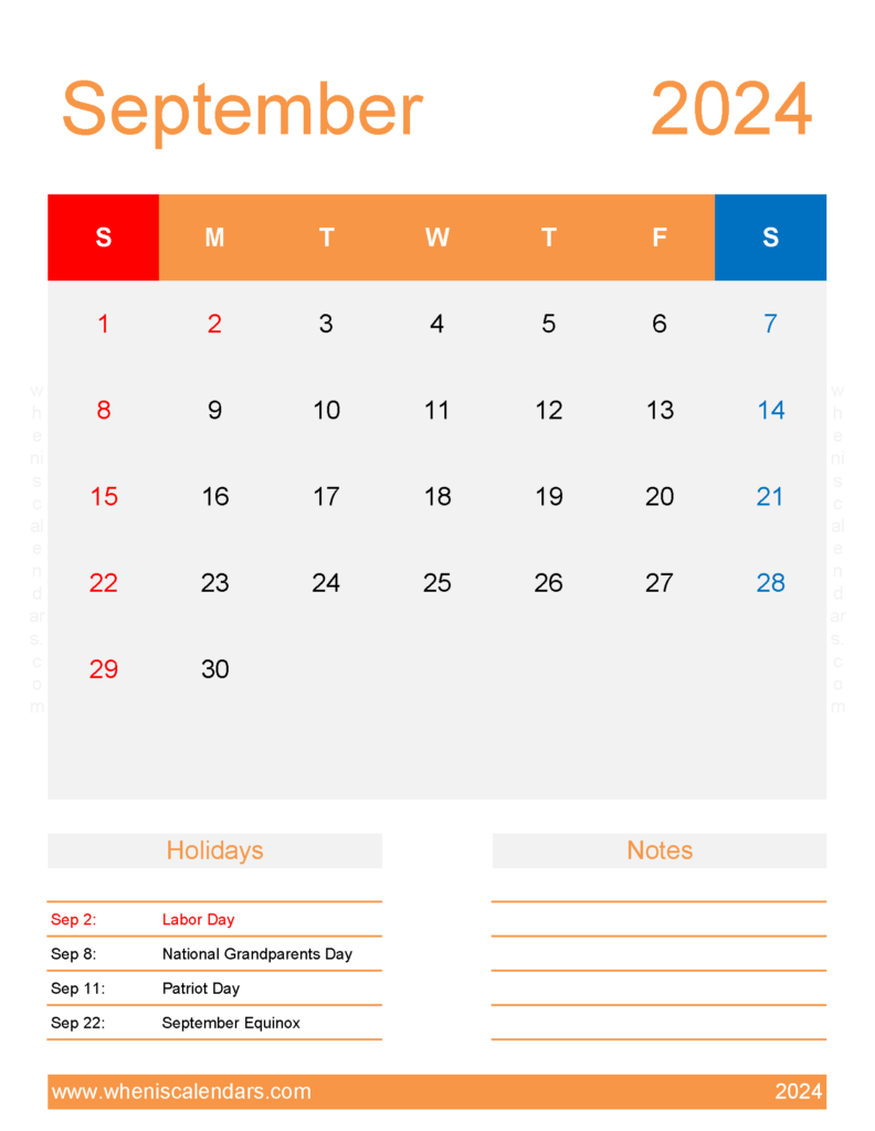 Download September 2024 weekly Calendar Printable Letter Vertical 94196