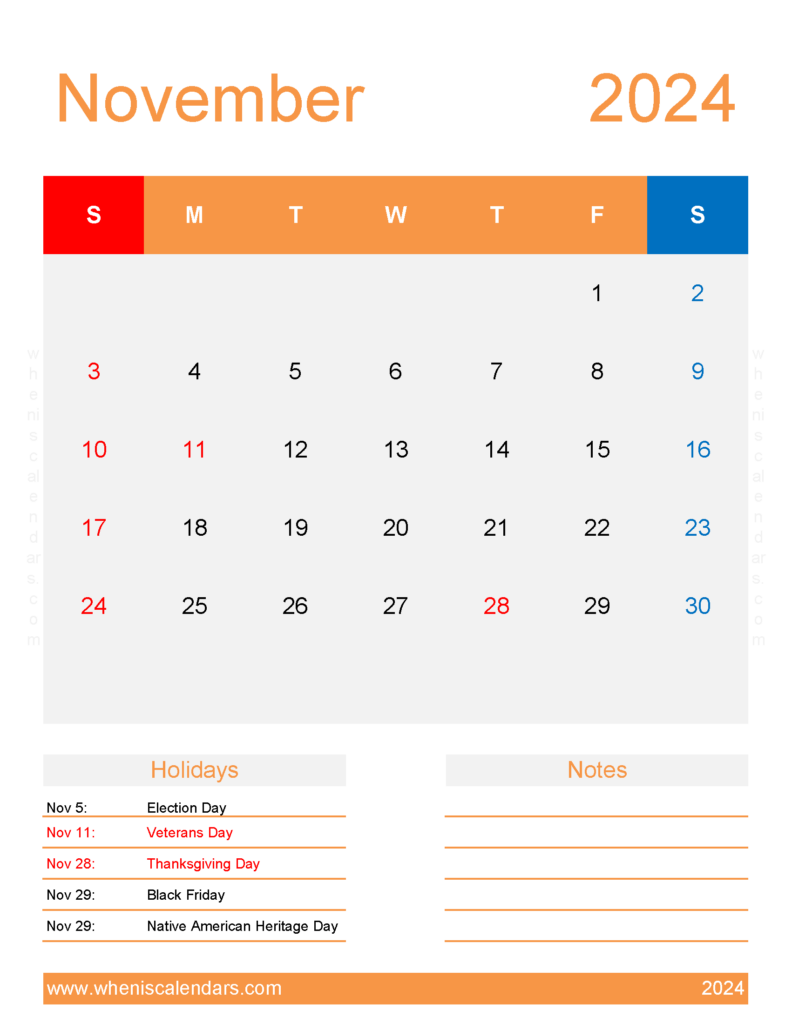 Download November 2024 weekly Calendar Printable Letter Vertical 114196