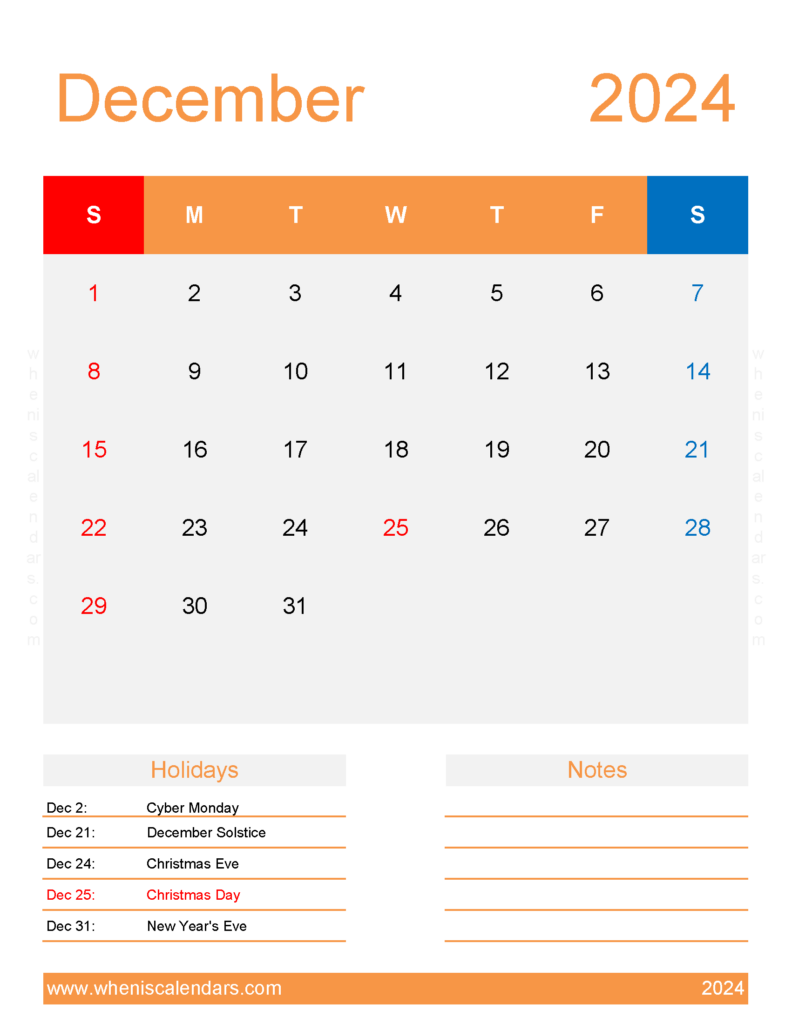Download December 2024 weekly Calendar Printable Letter Vertical 124196