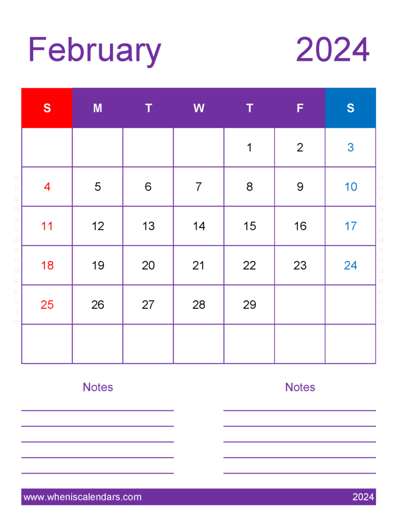 Download Blank February 2024 Calendar Template Letter Vertical 24277