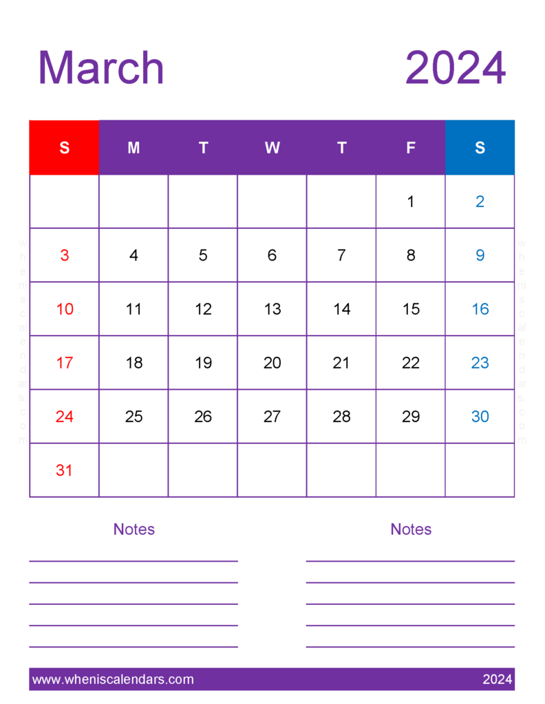 Download Blank March 2024 Calendar Template Letter Vertical 34277