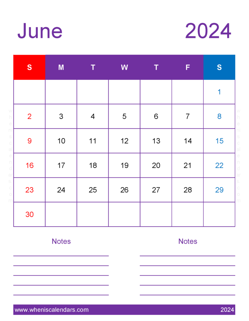 Download Blank June 2024 Calendar Template Letter Vertical 64277