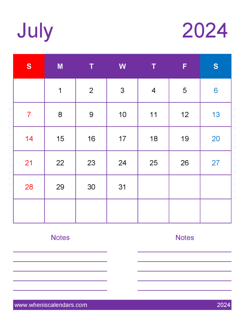 Download Blank July 2024 Calendar Template Letter Vertical 74277