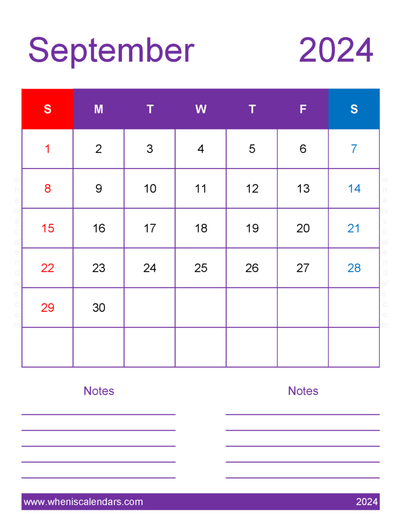 Download Blank September 2024 Calendar Template Letter Vertical 94277