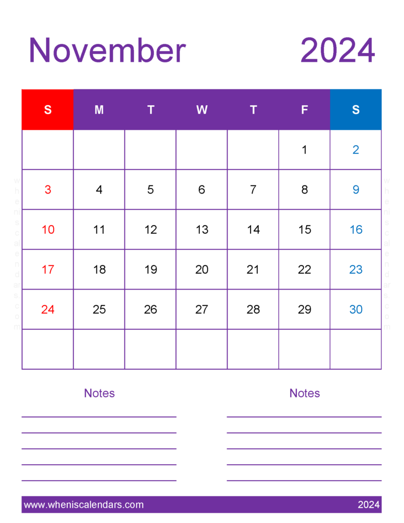 Download Blank November 2024 Calendar Template Letter Vertical 114277