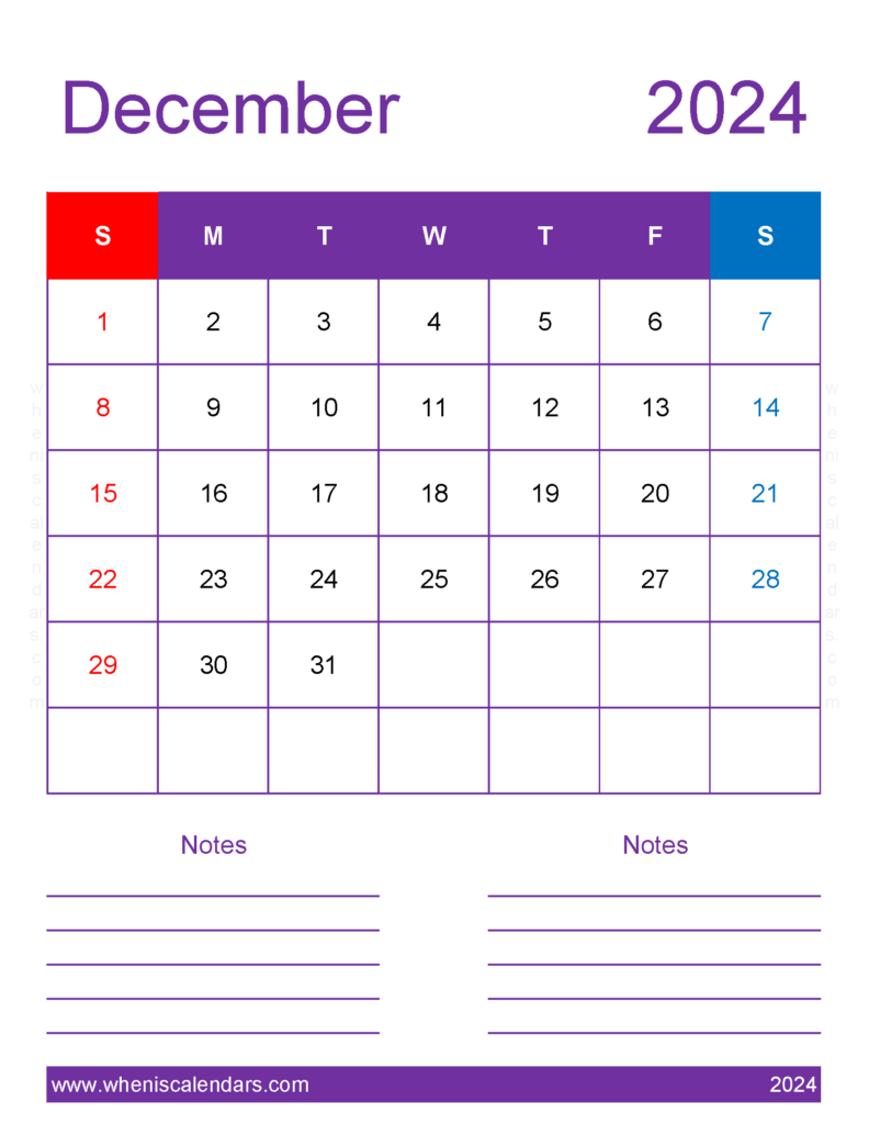 Download Blank December 2024 Calendar Template Letter Vertical 124277
