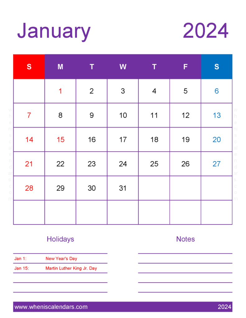 Download January 2024 Calendar with government Holidays Letter Vertical J4197