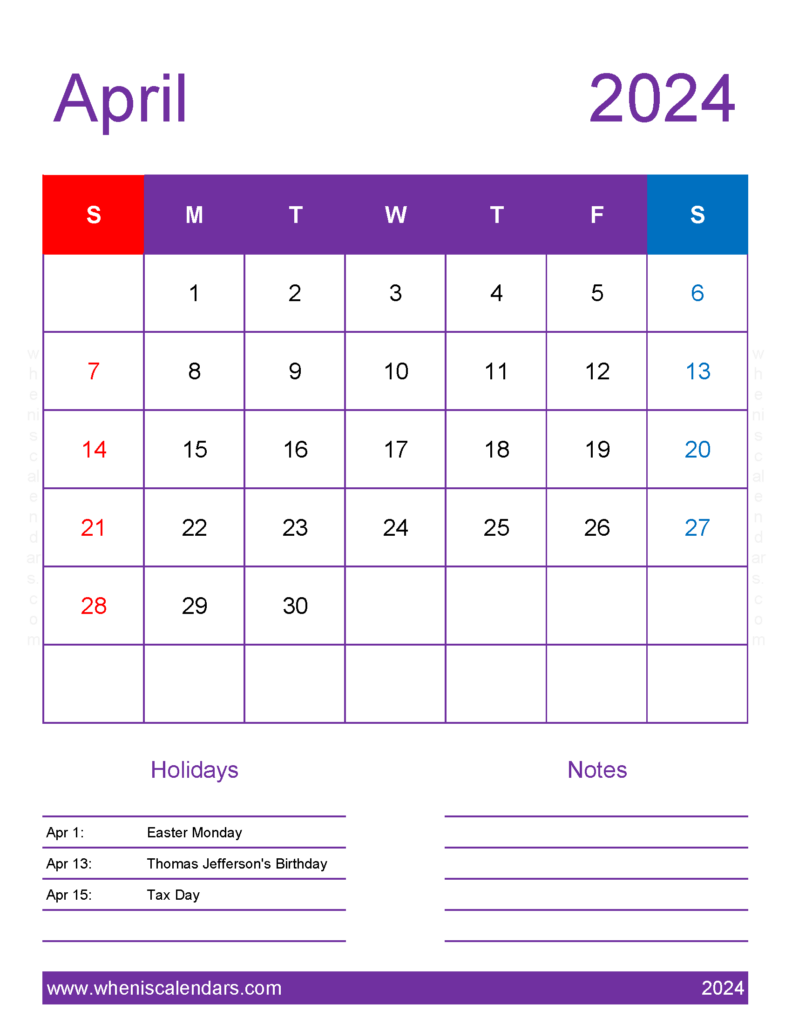 Download April 2024 Calendar with government Holidays Letter Vertical 44197
