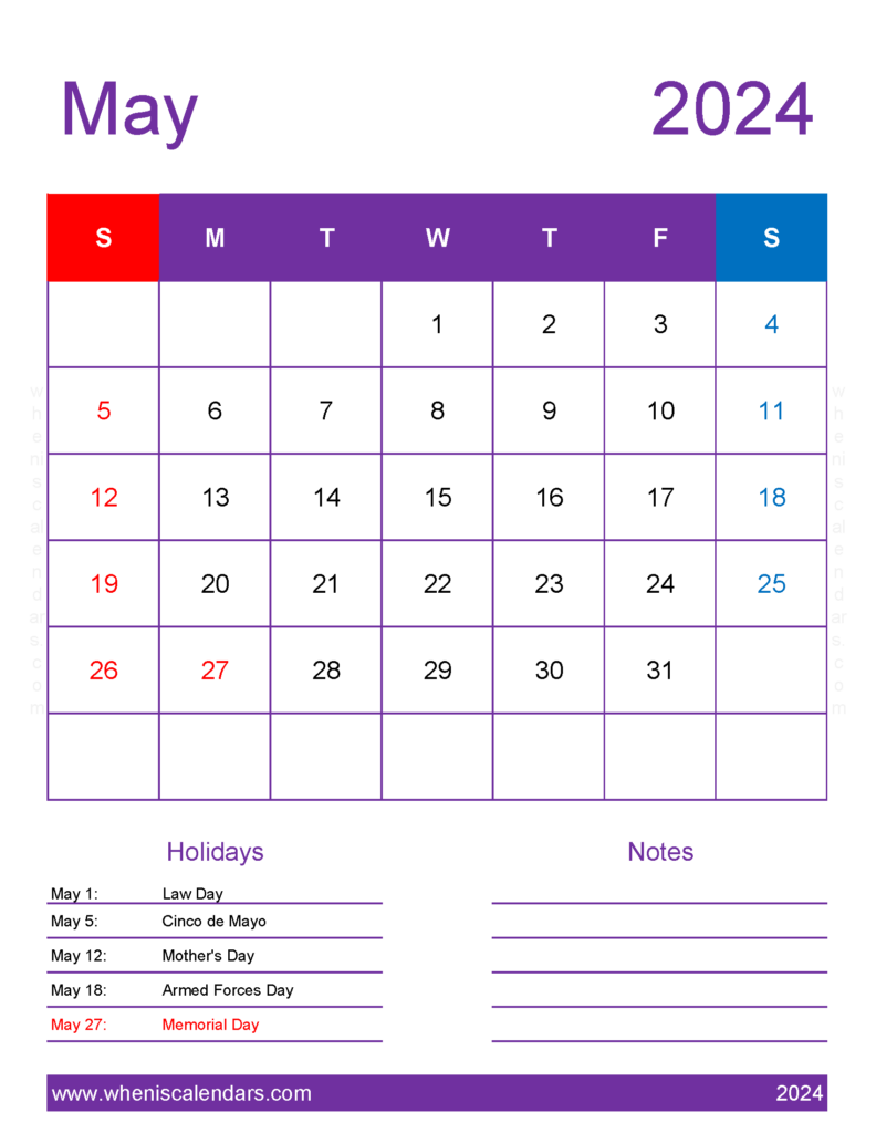 Download May 2024 Calendar with government Holidays Letter Vertical 54197