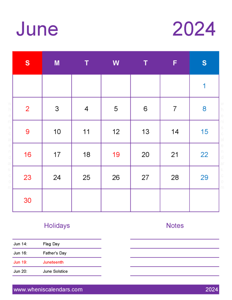Download June 2024 Calendar with government Holidays Letter Vertical 64197