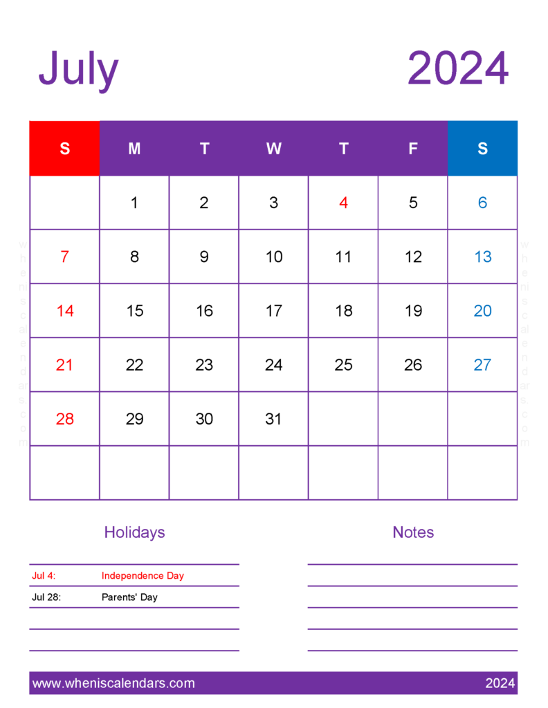 Download July 2024 Calendar with government Holidays Letter Vertical 74197