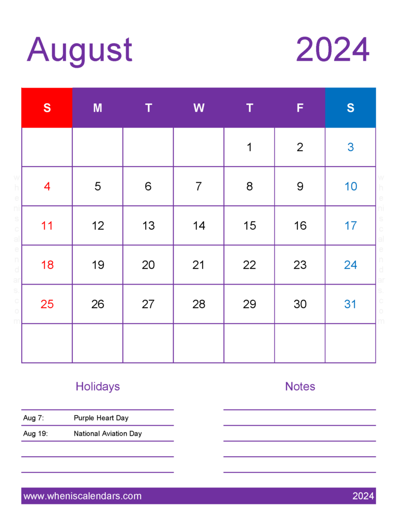 Download August 2024 Calendar with government Holidays Letter Vertical 84197