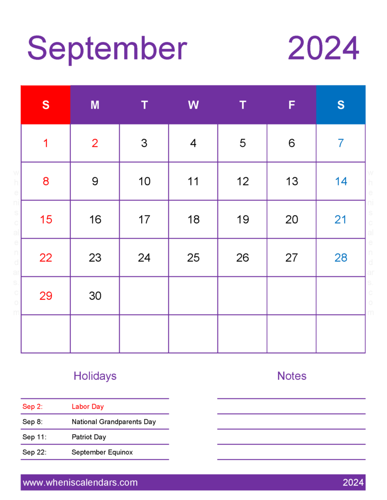 Download September 2024 Calendar with government Holidays Letter Vertical 94197